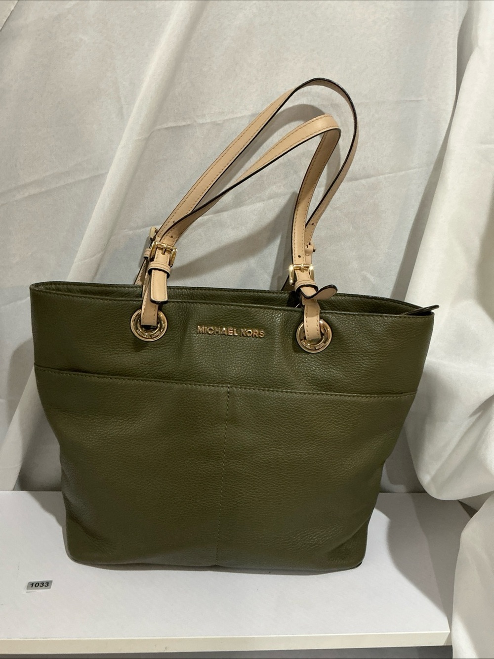 Michael Kors Olive Green Leather Tote with Beige Straps and Gold Hardware